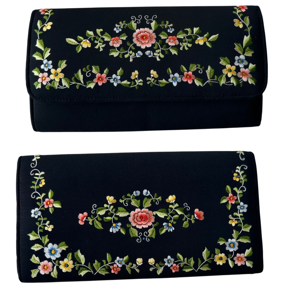 Vintage‎ Black Floral Embroidered Clutch Evening Wallet Bag Handbag Cottagecore